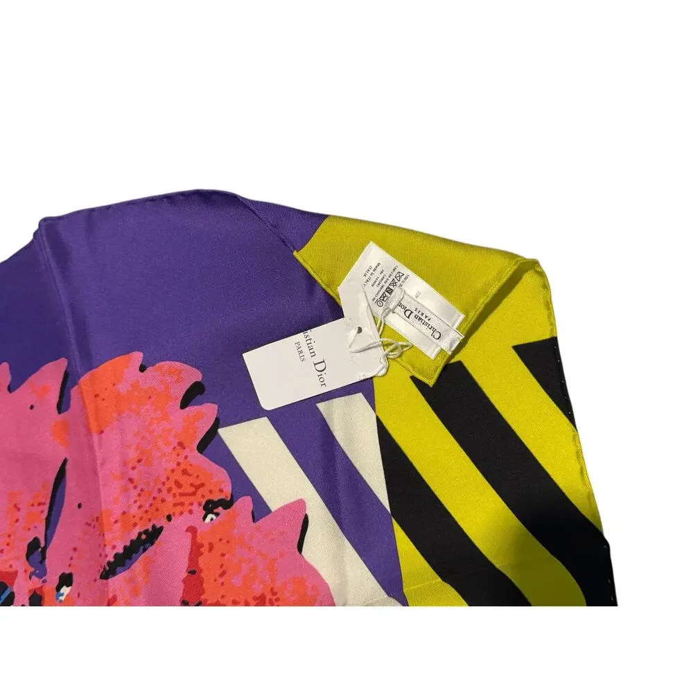 Authentic Dior D-Flower Pop Art Silk Scarf Square Floral Print